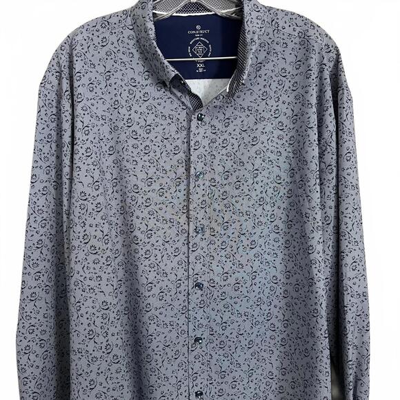 Con.Struct Dress Shirt Mens XXL Blue Paisley Floral Long Sleeve Slim Fit Stretch - Picture 1 of 8